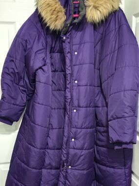 Roaman's Plus Size Purple Long Quilted Puffer Coat with Faux Fur Trim